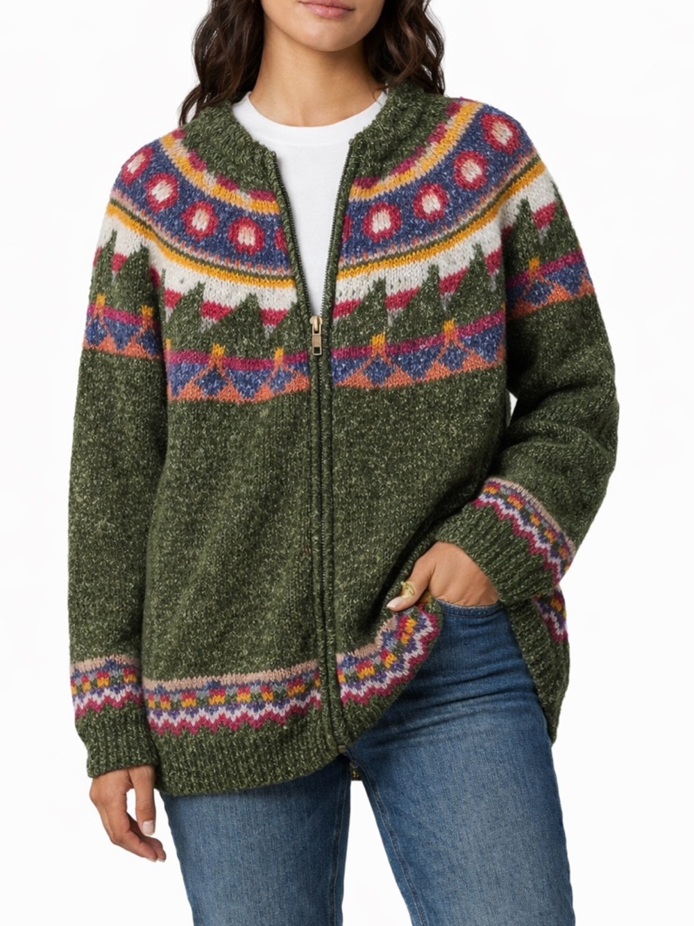 Otavalo Handknit Wool Cardigan Nordic Fair Isle Zip Sweater Ecuador Boho